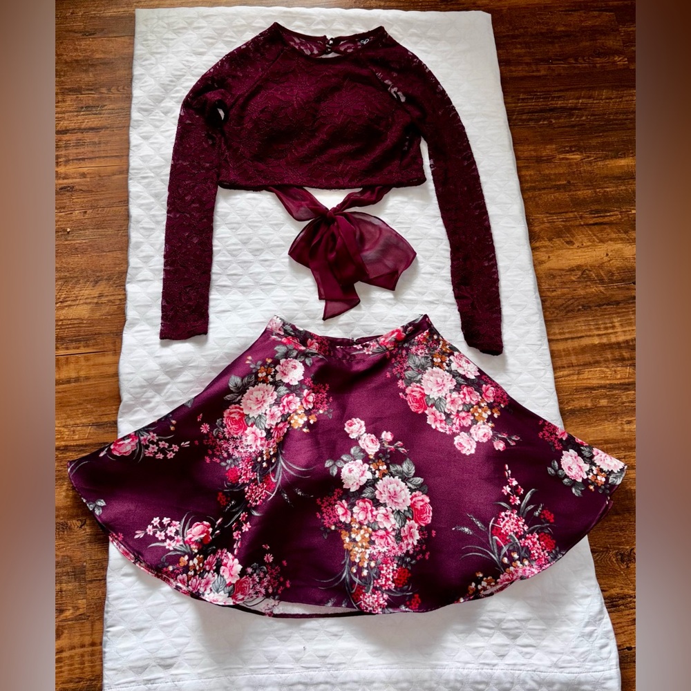 2 pcs Windsor Floral Burgundy Crop Top and Skirt Set.